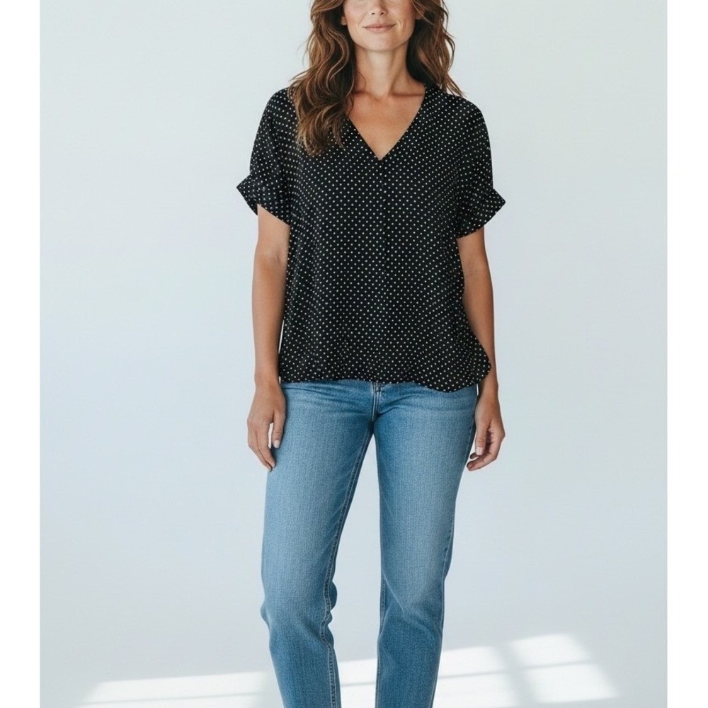 ALYA Polka Dot V-Neck Blouse Black White Dolman Sleeve Parisian Chic Retro M